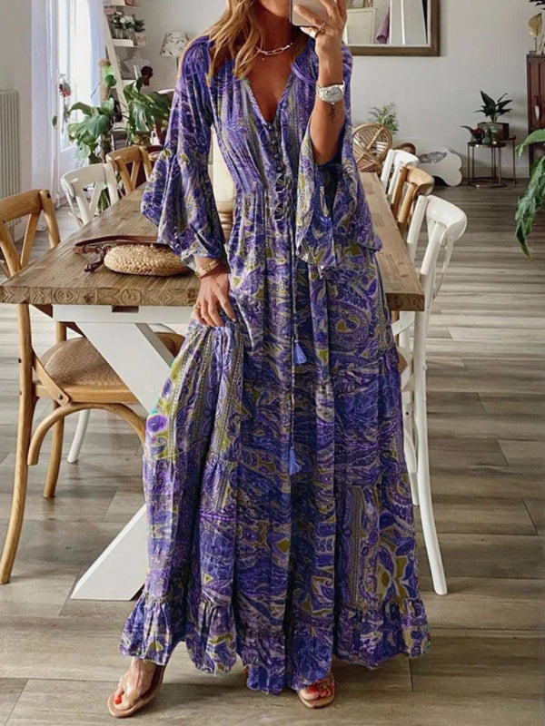 Abigail - Women's Bohemian Maxi Dress with Paisley Print and Trumpet Sleeves - photo 3