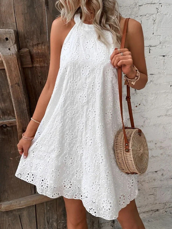 Georgia - Women's Eyelet Mini Dress with Halter Neckline and Floral Pattern - photo 4