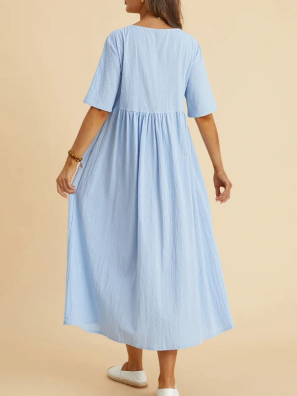 Cora - Women's Loose Fit Midi Dress with Round Neck and Gathered Waist