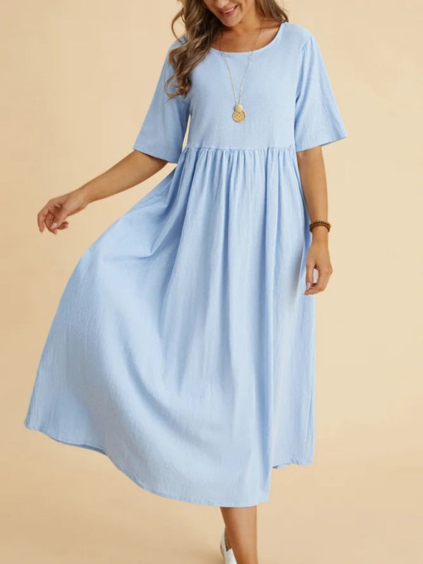 Cora - Women's Loose Fit Midi Dress with Round Neck and Gathered Waist