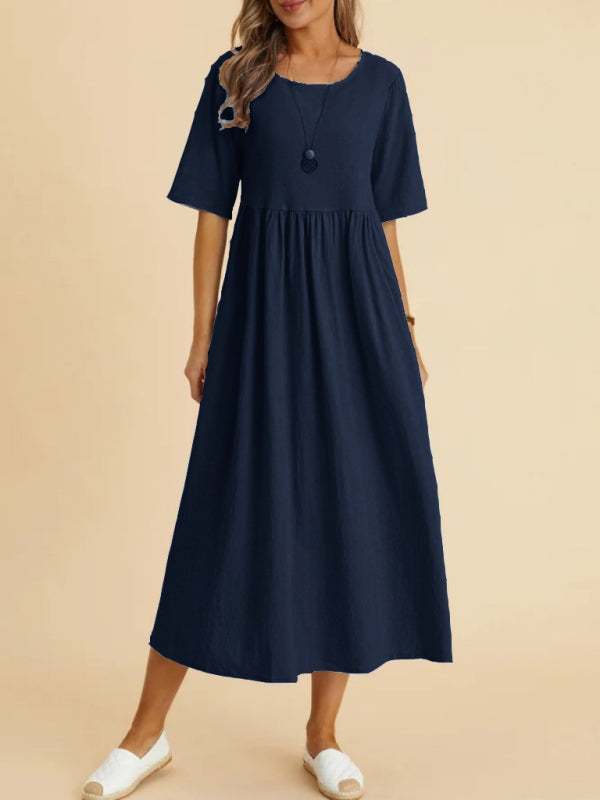 Cora - Women's Loose Fit Midi Dress with Round Neck and Gathered Waist