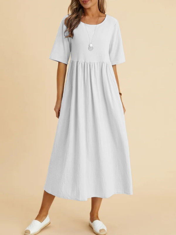 Cora - Women's Loose Fit Midi Dress with Round Neck and Gathered Waist - photo 1