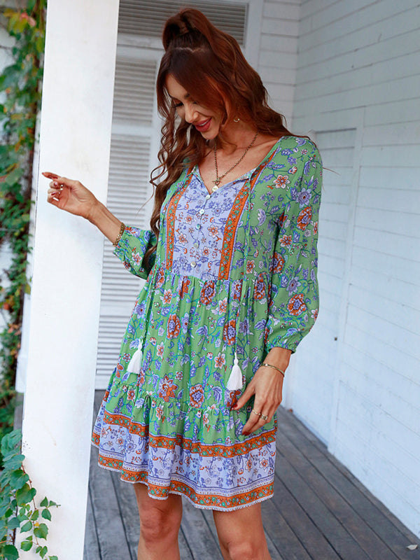 Maya - Women's Bohemian Floral Print Dress with V-Neck and Tiered Skirt