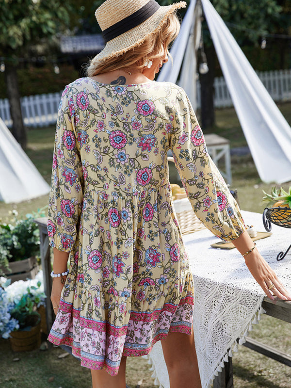 Maya - Women's Bohemian Floral Print Dress with V-Neck and Tiered Skirt