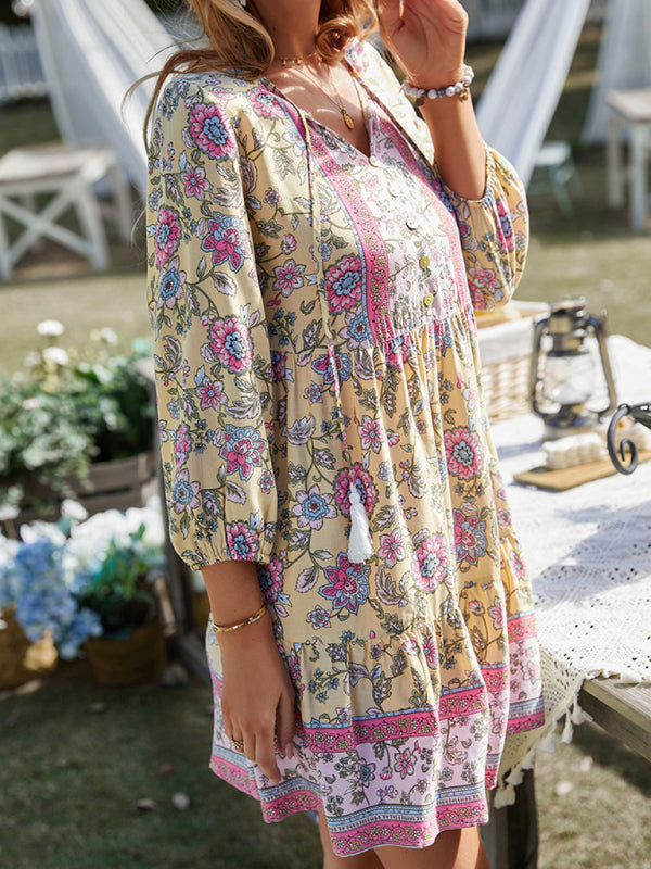 Maya - Women's Bohemian Floral Print Dress with V-Neck and Tiered Skirt - photo 11