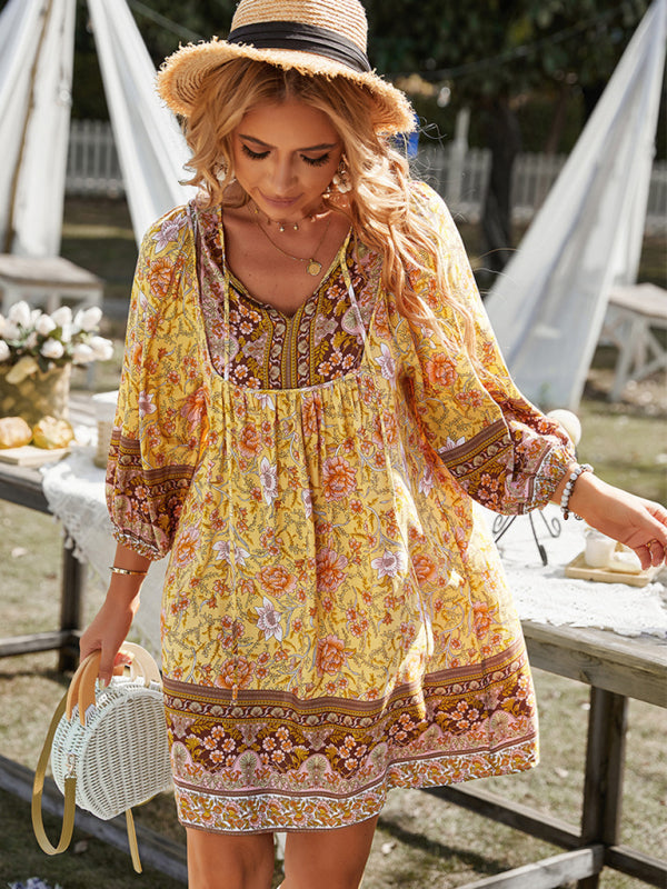 Ayla - Women's Bohemian Floral Print Mini Dress