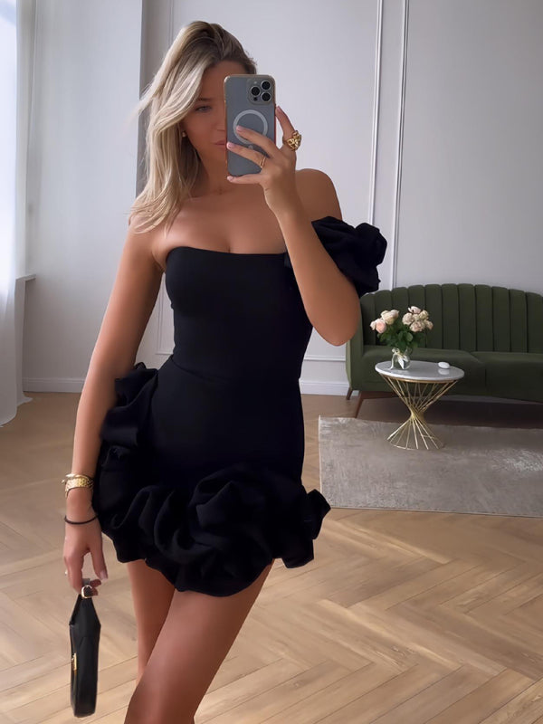Paloma - Women's One-Shoulder Mini Dress with Ruffled Hem and Slim Fit