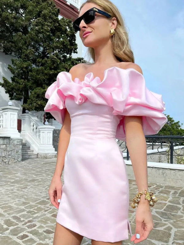 Helena - Women's Ruffled Neckline Off-Shoulder Mini Dress with Fitted Silhouette
