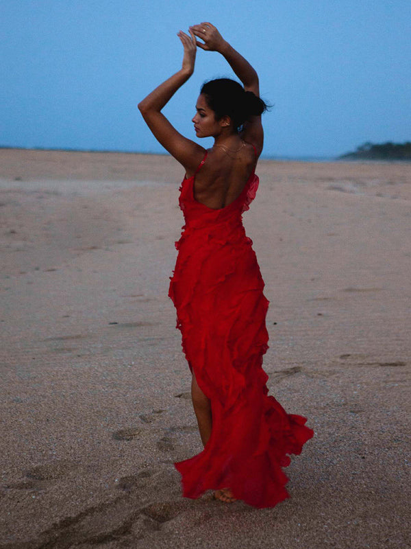 Polly - Women's Ruffled Maxi Dress with Spaghetti Straps and V-Neckline