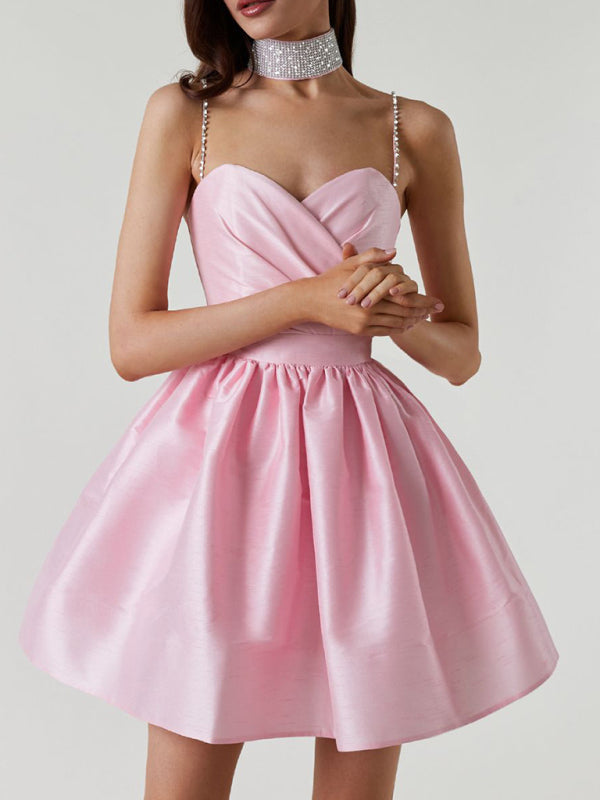 Lorelai - Women's Sweetheart Neckline Mini Dress with Rhinestone Straps and Pleated Skirt