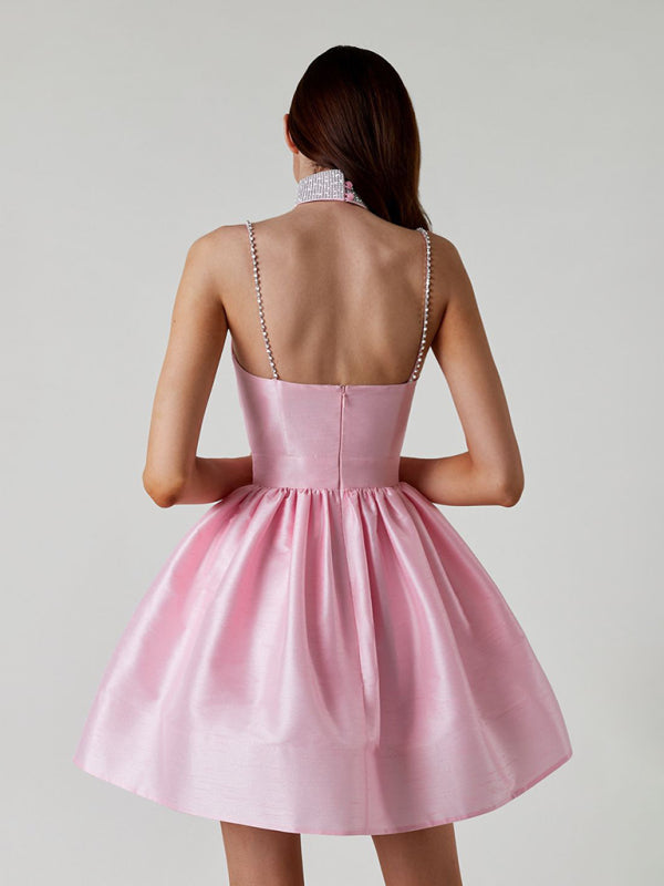 Lorelai - Women's Sweetheart Neckline Mini Dress with Rhinestone Straps and Pleated Skirt