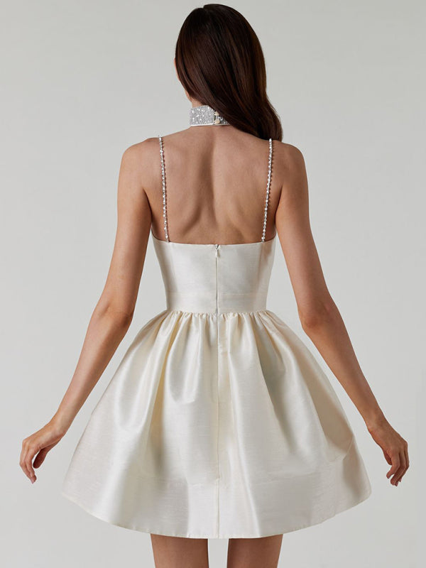 Lorelai - Women's Sweetheart Neckline Mini Dress with Rhinestone Straps and Pleated Skirt
