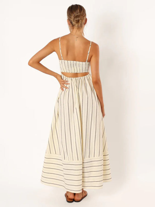 Jade - Women's Striped Maxi Dress with Sleeveless Backless Design