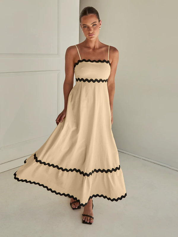 Capri - Women's Wavy Trim Maxi Dress with Spaghetti Straps and A-line Silhouette