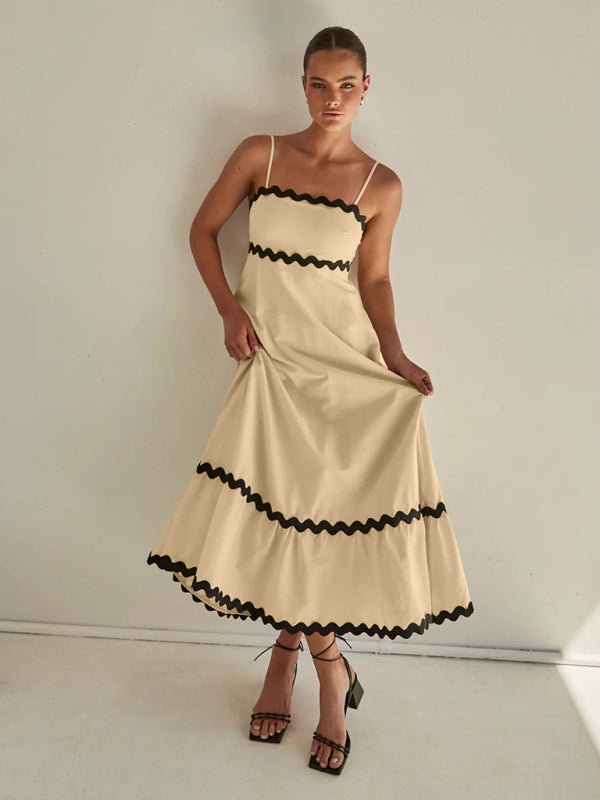 Capri - Women's Wavy Trim Maxi Dress with Spaghetti Straps and A-line Silhouette