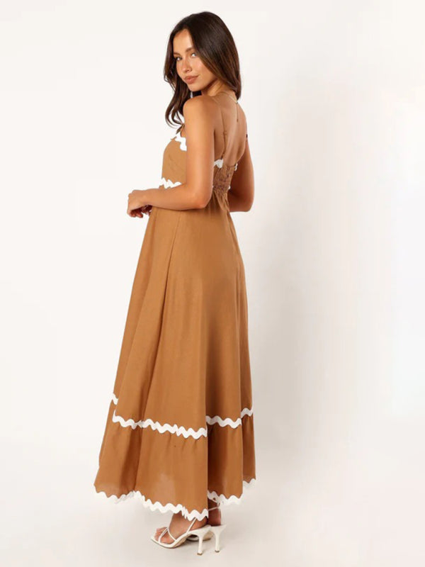 Capri - Women's Wavy Trim Maxi Dress with Spaghetti Straps and A-line Silhouette