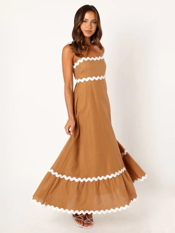 Capri - Women's Wavy Trim Maxi Dress with Spaghetti Straps and A-line Silhouette