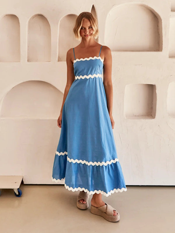Capri - Women's Wavy Trim Maxi Dress with Spaghetti Straps and A-line Silhouette