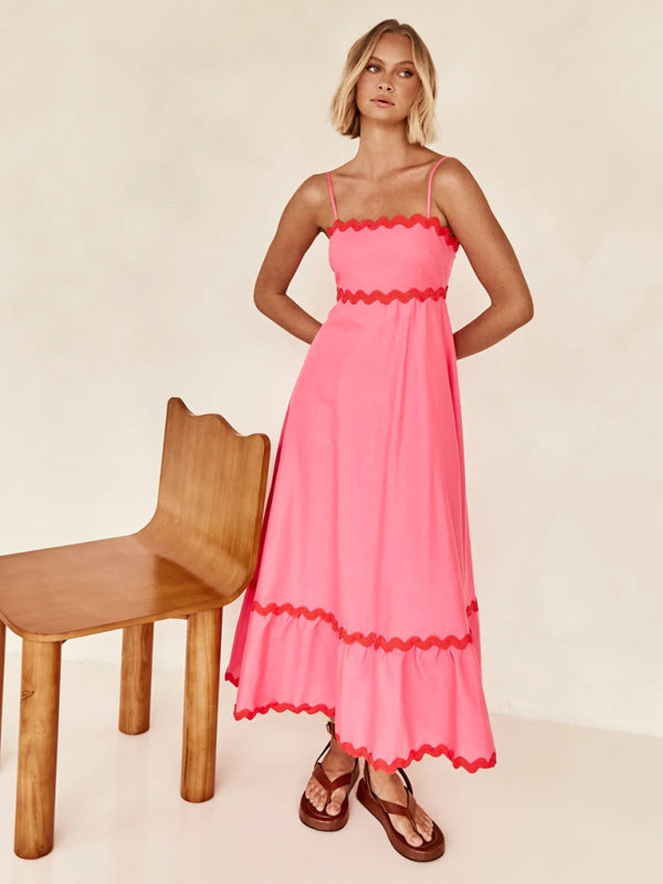 Capri - Women's Wavy Trim Maxi Dress with Spaghetti Straps and A-line Silhouette - photo 2
