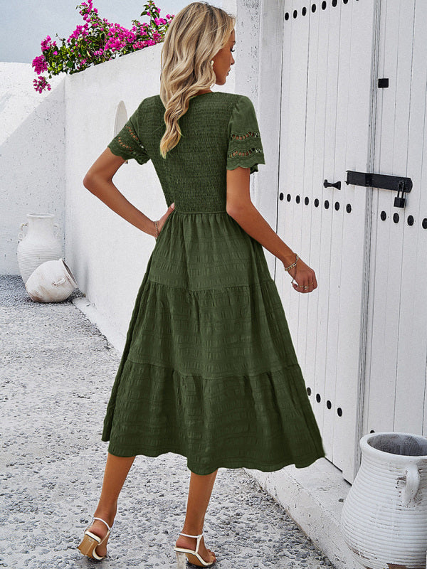 Alia - Women's Smocked Bodice Midi Dress with Hollow-Out Lace Sleeves - photo 2