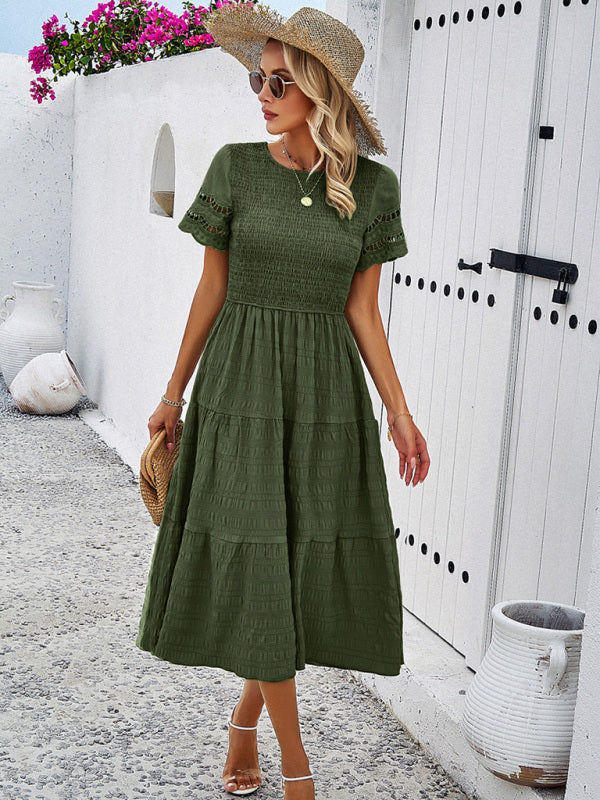 Alia - Women's Smocked Bodice Midi Dress with Hollow-Out Lace Sleeves