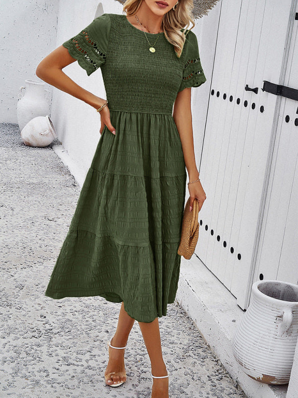 Alia - Women's Smocked Bodice Midi Dress with Hollow-Out Lace Sleeves