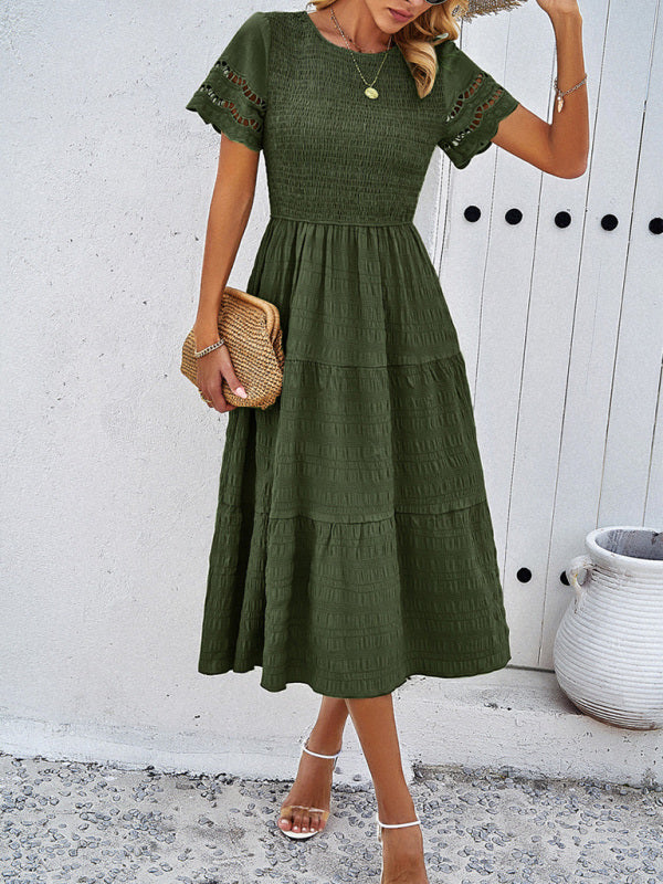 Alia - Women's Smocked Bodice Midi Dress with Hollow-Out Lace Sleeves - photo 4