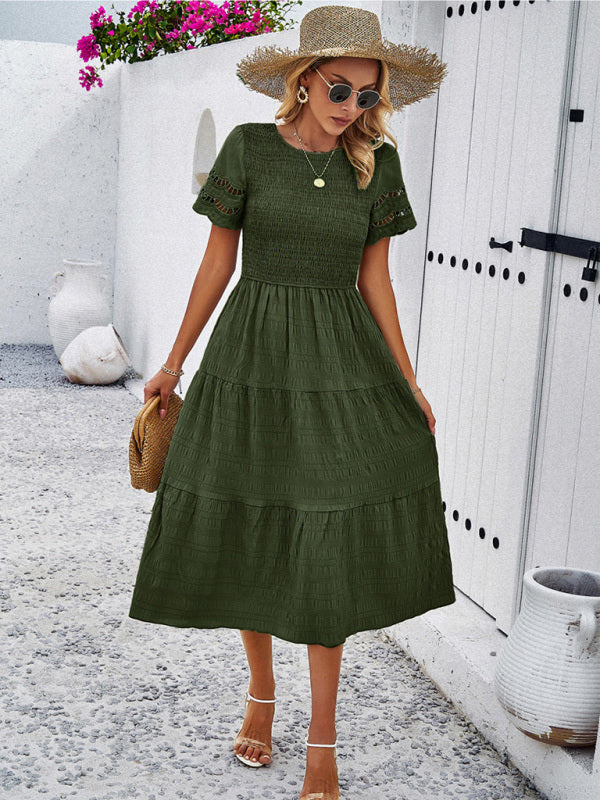 Alia - Women's Smocked Bodice Midi Dress with Hollow-Out Lace Sleeves - photo 5