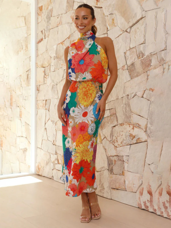 Lyric - Women's Floral Print Halter Neck Midi Dress with Fitted Waist