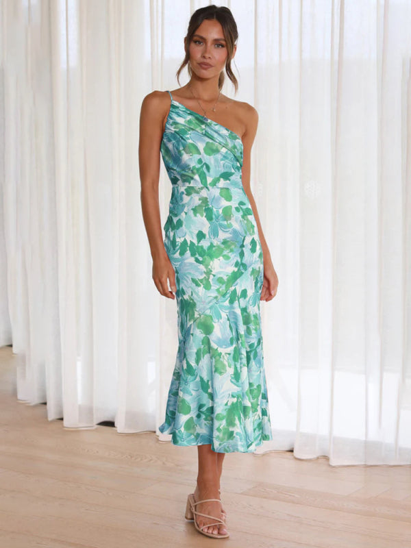 Paige - Women's Asymmetrical Neckline Floral Print Midi Dress with Fishtail Hem