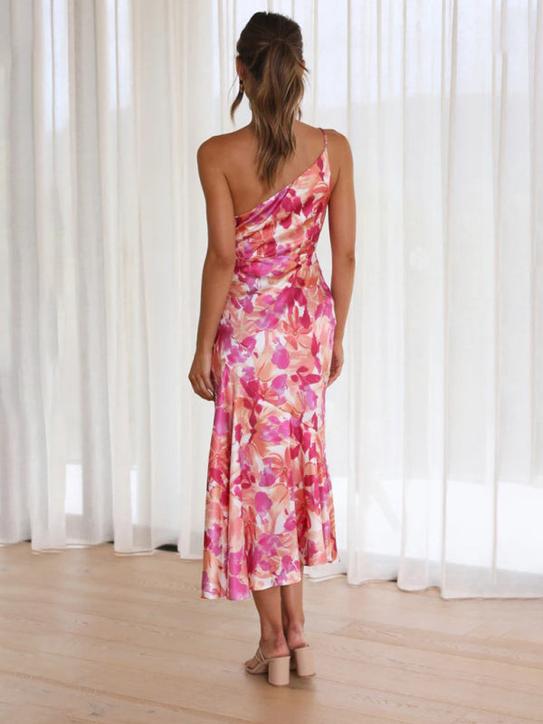 Paige - Women's Asymmetrical Neckline Floral Print Midi Dress with Fishtail Hem