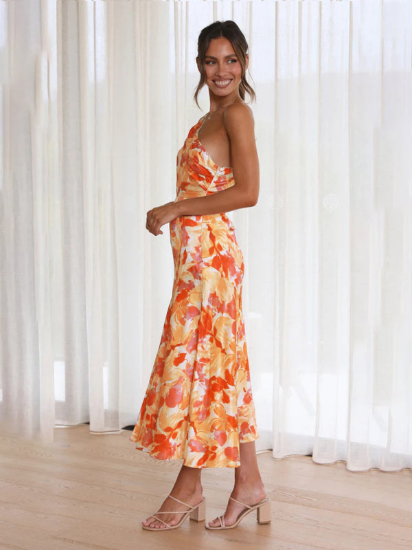Paige - Women's Asymmetrical Neckline Floral Print Midi Dress with Fishtail Hem