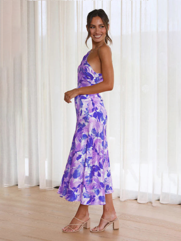 Paige - Women's Asymmetrical Neckline Floral Print Midi Dress with Fishtail Hem - photo 4