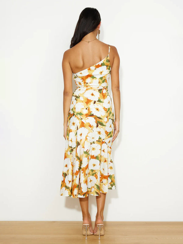 Paige - Women's Asymmetrical Neckline Floral Print Midi Dress with Fishtail Hem - photo 10