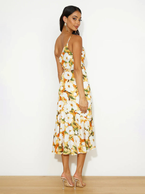 Paige - Women's Asymmetrical Neckline Floral Print Midi Dress with Fishtail Hem