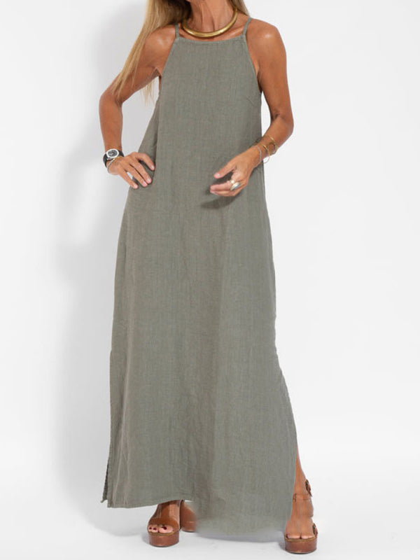 Eve - Women's Halter Maxi Dress with Side Slit and Cotton Linen Blend - photo 5