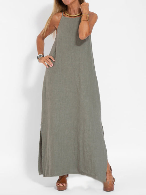 Eve - Women's Halter Maxi Dress with Side Slit and Cotton Linen Blend - photo 1