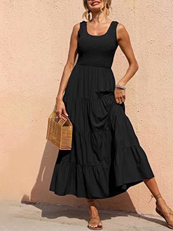 Regina - Women's Smocked Bodice Maxi Dress with Tiered Pleated A-line Skirt