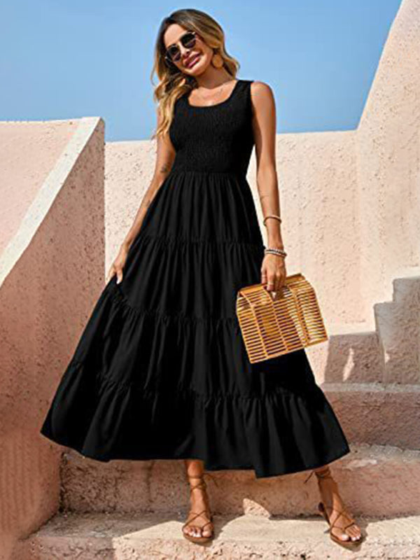 Regina - Women's Smocked Bodice Maxi Dress with Tiered Pleated A-line Skirt