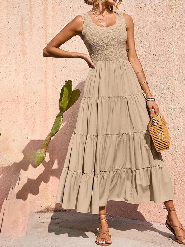 Regina - Women's Smocked Bodice Maxi Dress with Tiered Pleated A-line Skirt - photo 6