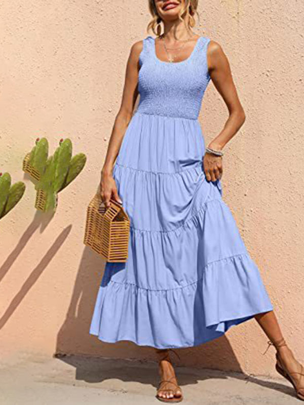 Regina - Women's Smocked Bodice Maxi Dress with Tiered Pleated A-line Skirt