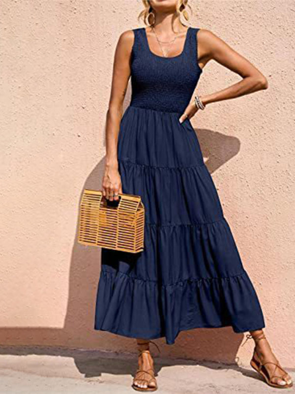 Regina - Women's Smocked Bodice Maxi Dress with Tiered Pleated A-line Skirt - photo 13