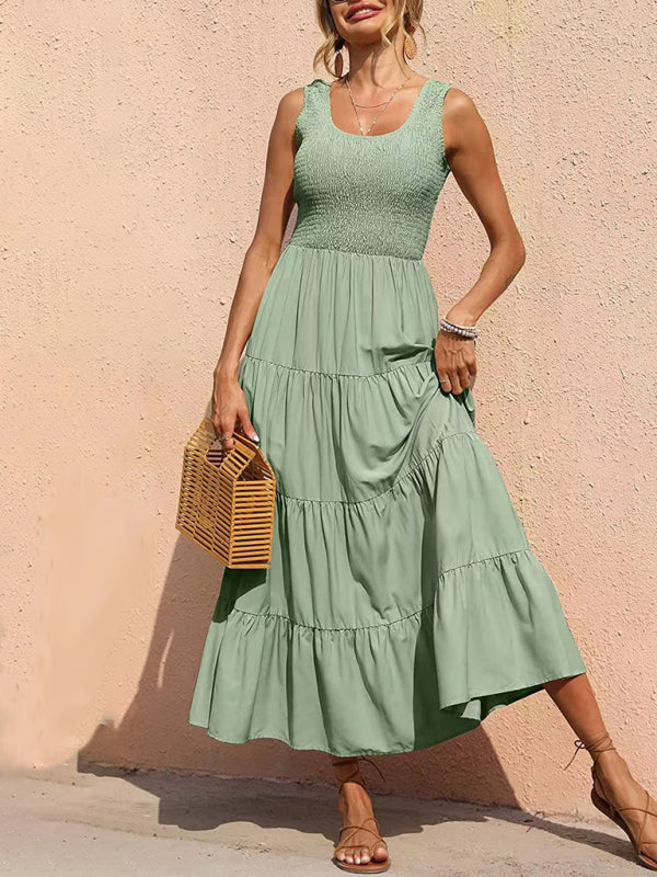 Regina - Women's Smocked Bodice Maxi Dress with Tiered Pleated A-line Skirt - photo 2