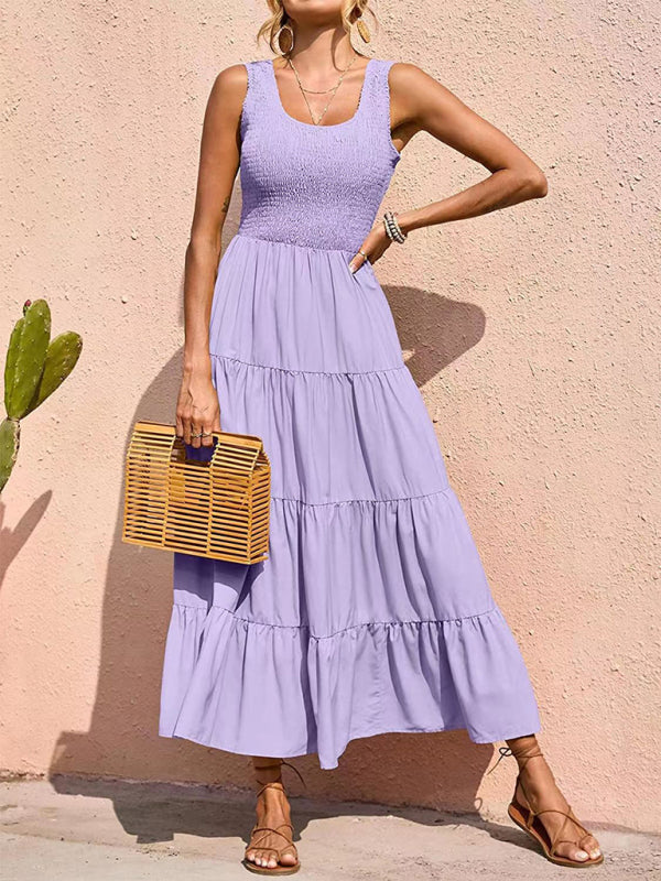Regina - Women's Smocked Bodice Maxi Dress with Tiered Pleated A-line Skirt - photo 7
