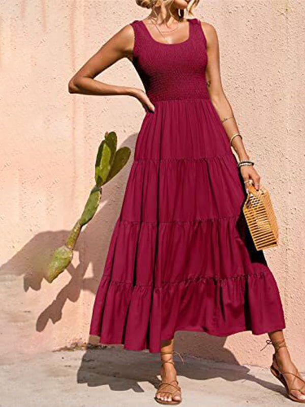 Regina - Women's Smocked Bodice Maxi Dress with Tiered Pleated A-line Skirt - photo 4