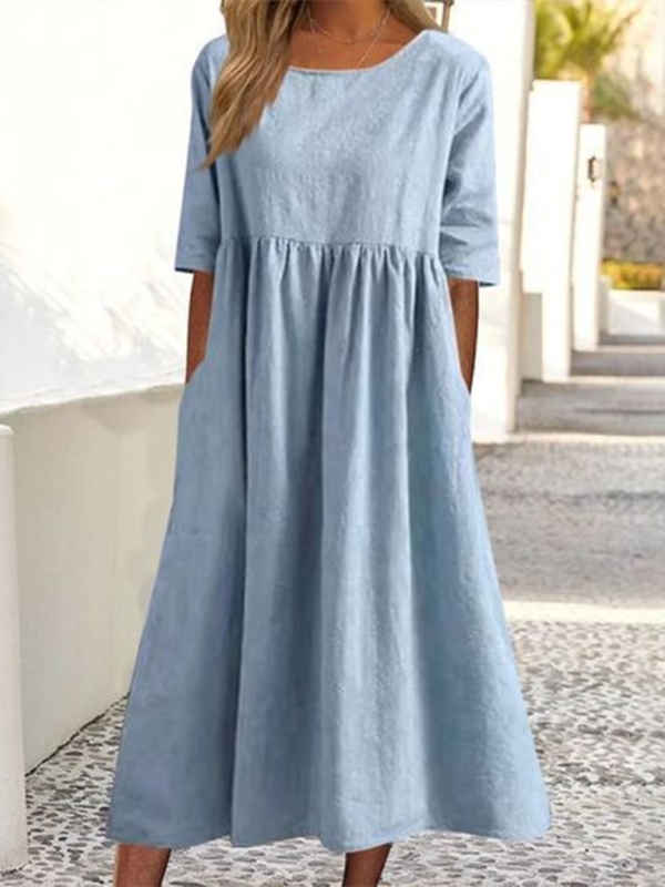 Cheyenne - Round Neck Midi Dress with Gathered Waist (Plus Size Available) - photo 7