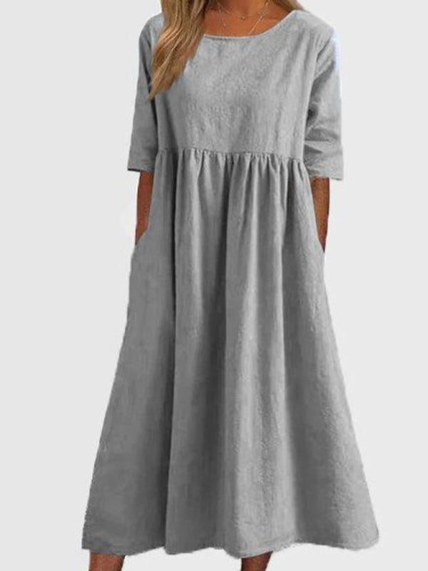 Cheyenne - Round Neck Midi Dress with Gathered Waist (Plus Size Available) - photo 4