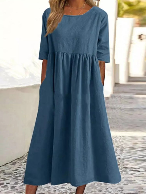 Cheyenne - Round Neck Midi Dress with Gathered Waist (Plus Size Available) - photo 6