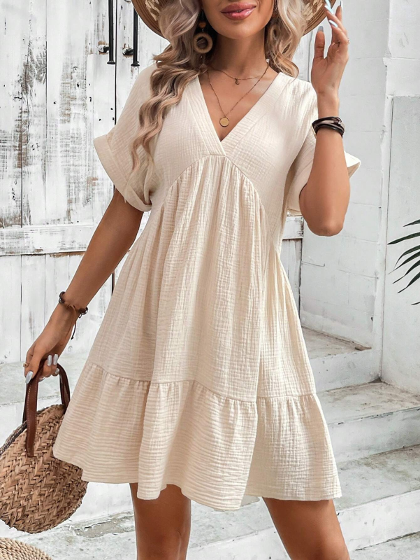 Nadia - Women's V-neck Mini Dress with Pleated Design and Textured Fabric