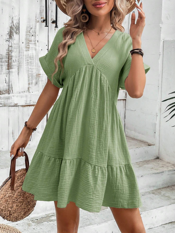 Nadia - Women's V-neck Mini Dress with Pleated Design and Textured Fabric - photo 7